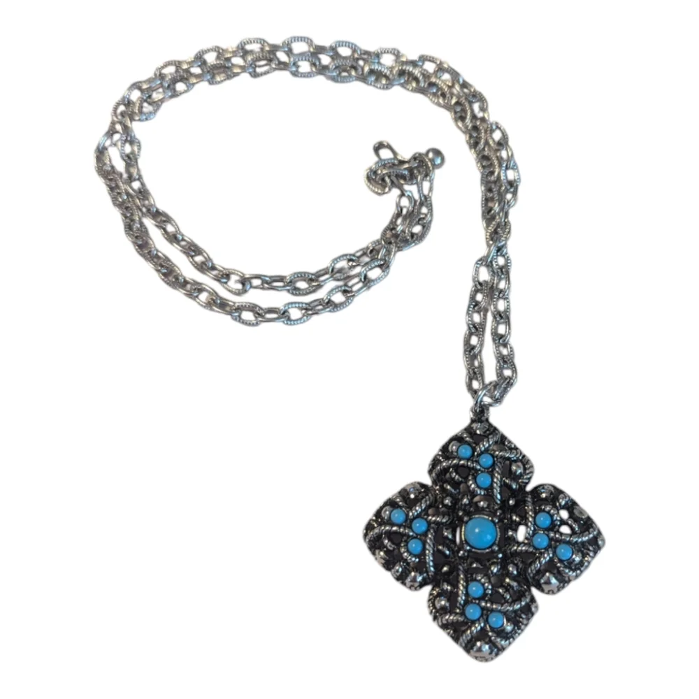 VTG 1973 Signed Avon Sierra Faux Turquoise Silver Tone Chain Pendant & Ring Set
